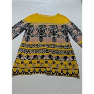 J.Crew Womens Shift Dress Yellow Black Silk‎ Jules Scroll Print Long Sleeve 6